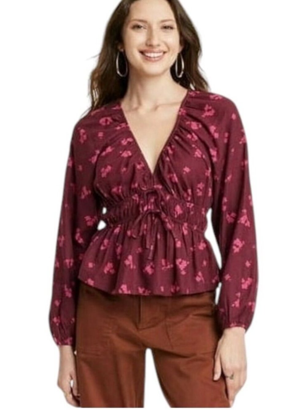 Universal Thread Floral Peasant Blouse - Maroon